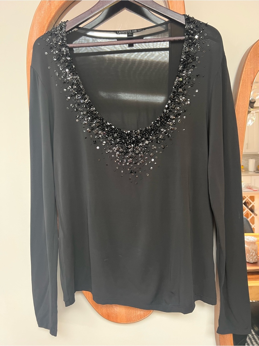 Lafayette 148 New York Black Beaded Scoop Neck Women's Top